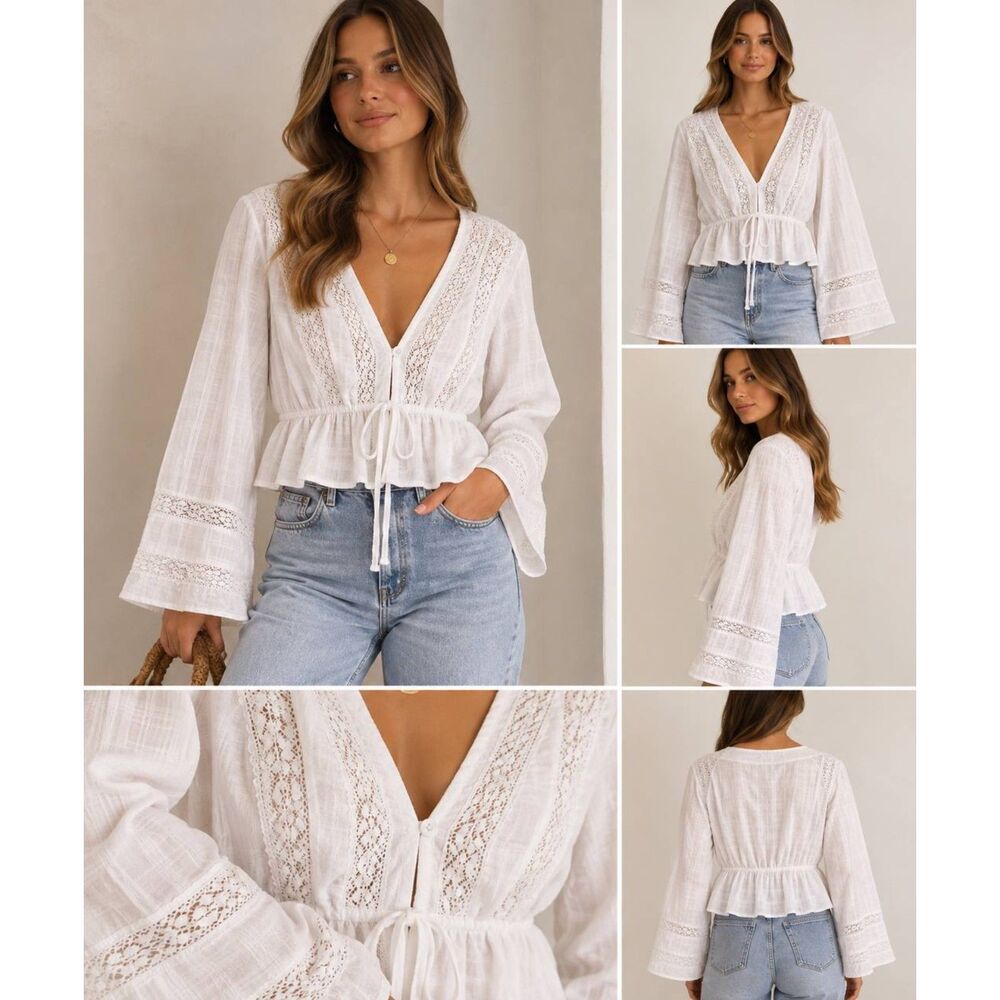 Petal + Pup Reed White Cotton Lace Peplum Blouse Top Size L Boho Cottagecore